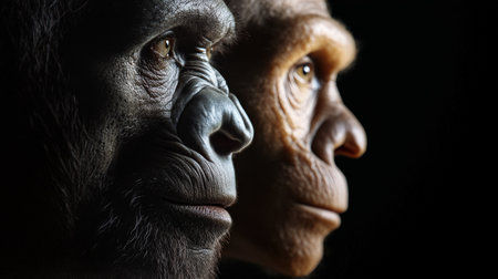 Modern human faces contrasted with those of reconstructed early hominins.の素材