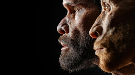 Modern human faces contrasted with those of reconstructed early hominins.の素材