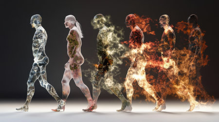 Human evolution illustrated through a sequence of walking figures.の素材