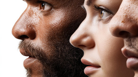 Modern human faces contrasted with those of reconstructed early hominins.の素材