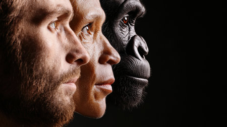 Modern human faces contrasted with those of reconstructed early hominins.の素材