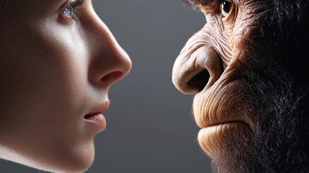 Modern human faces contrasted with those of reconstructed early hominins.の素材