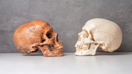 Fossilized skull of Homo erectus alongside modern human skull.の素材