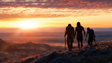 Early human migration across a landscape during the Ice Age.の素材