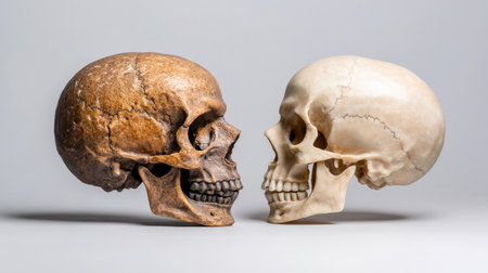Fossilized skull of Homo erectus alongside modern human skull.の素材