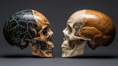 Fossilized skull of Homo erectus alongside modern human skull.の素材