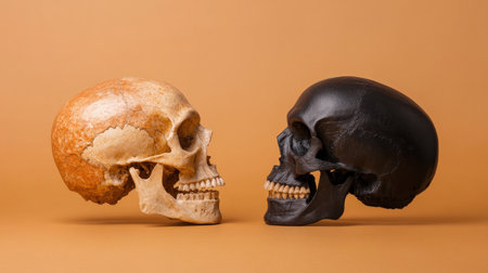 Fossilized skull of Homo erectus alongside modern human skull.の素材