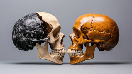 Fossilized skull of Homo erectus alongside modern human skull.の素材