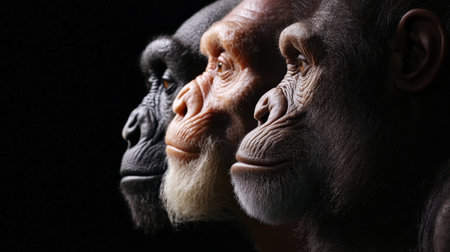 Modern human faces contrasted with those of reconstructed early hominins.の素材