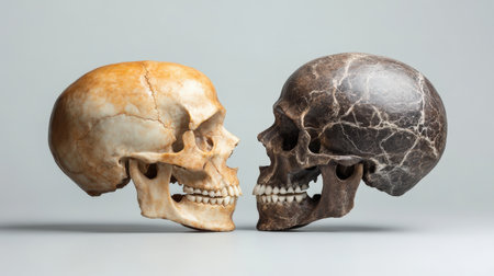 Fossilized skull of Homo erectus alongside modern human skull.の素材