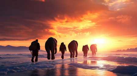 Early human migration across a landscape during the Ice Age.の素材