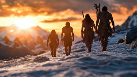 Early human migration across a landscape during the Ice Age.の素材