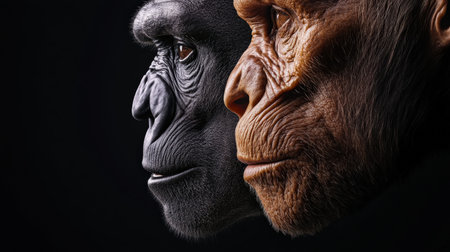 Modern human faces contrasted with those of reconstructed early hominins.の素材