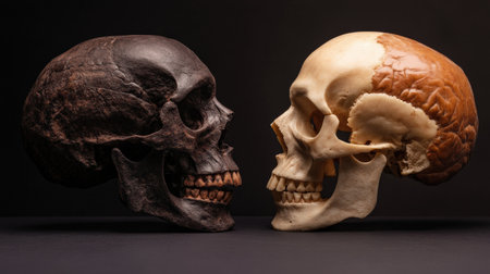 Fossilized skull of Homo erectus alongside modern human skull.の素材