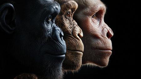 Modern human faces contrasted with those of reconstructed early hominins.の素材