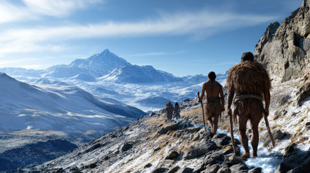 Early human migration across a landscape during the Ice Age.の素材