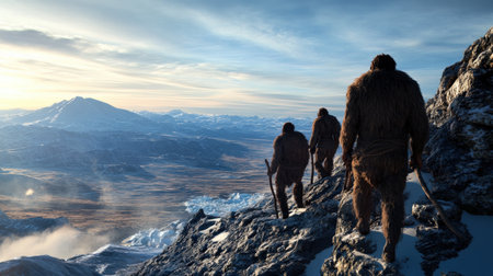 Early human migration across a landscape during the Ice Age.の素材