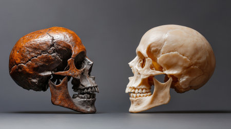 Fossilized skull of Homo erectus alongside modern human skull.の素材