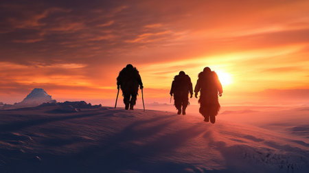 Early human migration across a landscape during the Ice Age.の素材