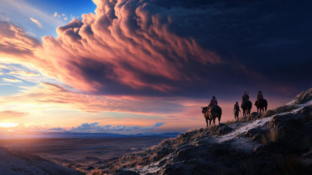 Early human migration across a landscape during the Ice Age.の素材