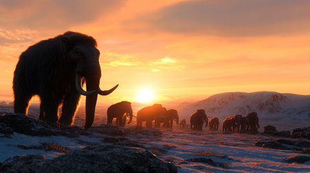 Early human migration across a landscape during the Ice Age.の素材