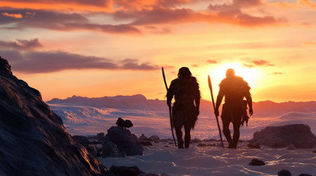 Early human migration across a landscape during the Ice Age.の素材