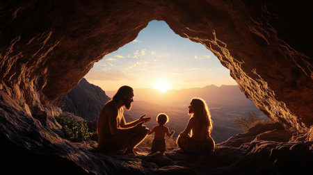A Neanderthal family living in a cave environment.の素材