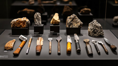 Early human tools laid out in a display, showing technological evolution.の素材