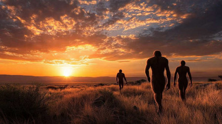 Artist's depiction of early hominins walking through a savanna.の素材