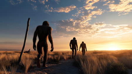 Artist's depiction of early hominins walking through a savanna.の素材