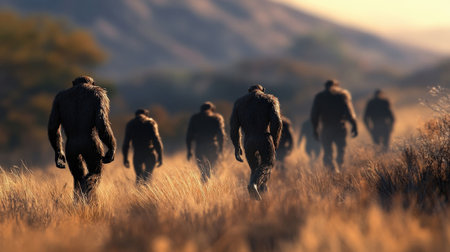 Artist's depiction of early hominins walking through a savanna.の素材
