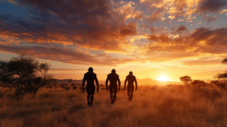 Artist's depiction of early hominins walking through a savanna.の素材