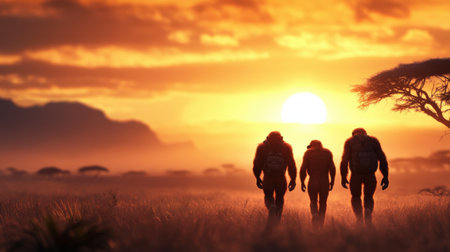 Artist's depiction of early hominins walking through a savanna.の素材