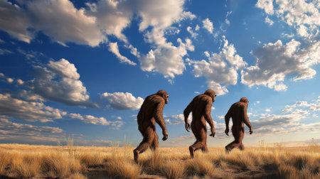 Artist's depiction of early hominins walking through a savanna.の素材