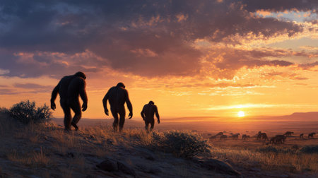 Artist's depiction of early hominins walking through a savanna.の素材