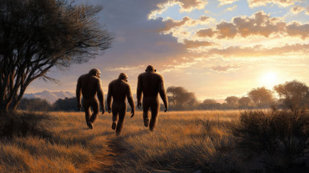 Artist's depiction of early hominins walking through a savanna.の素材