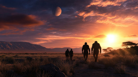 Artist's depiction of early hominins walking through a savanna.の素材