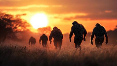 Artist's depiction of early hominins walking through a savanna.の素材