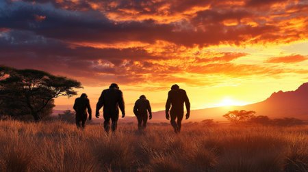 Artist's depiction of early hominins walking through a savanna.の素材