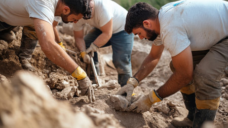 Archaeologists excavating an ancient human burial site.の素材