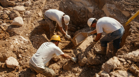 Archaeologists excavating an ancient human burial site.の素材