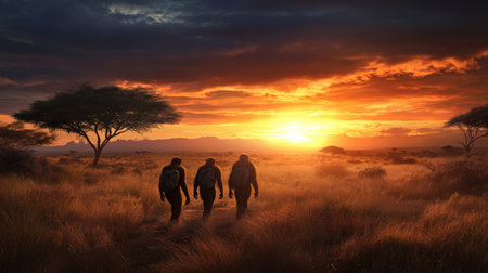 Artist's depiction of early hominins walking through a savanna.の素材