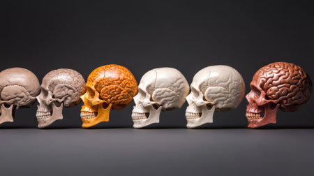 Sequence of skulls showing the evolution of the human brain size.の素材