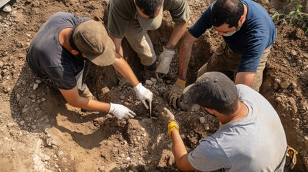 Archaeologists excavating an ancient human burial site.の素材