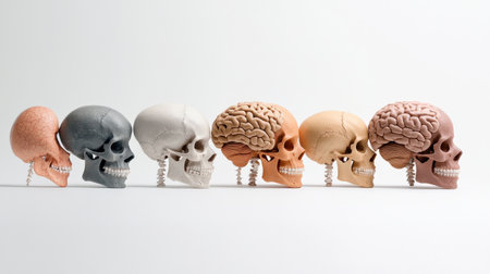 Sequence of skulls showing the evolution of the human brain size.の素材