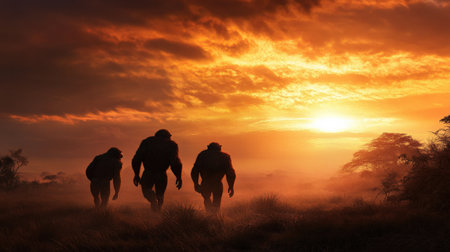 Artist's depiction of early hominins walking through a savanna.の素材