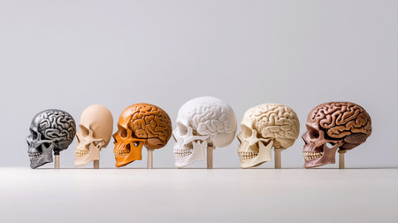 Sequence of skulls showing the evolution of the human brain size.の素材