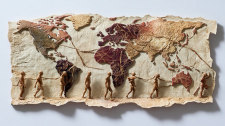 The migration patterns of early humans depicted on a map.の素材