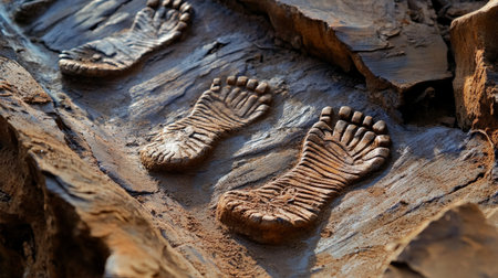 Fossilized footprints showing bipedal movement.の素材
