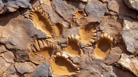 Fossilized footprints showing bipedal movement.の素材
